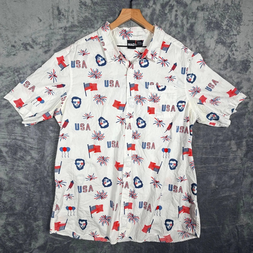 Mad Engine Mens Button Up Shirt XXL‎ White USA Patriotic 4th of July Lincoln
